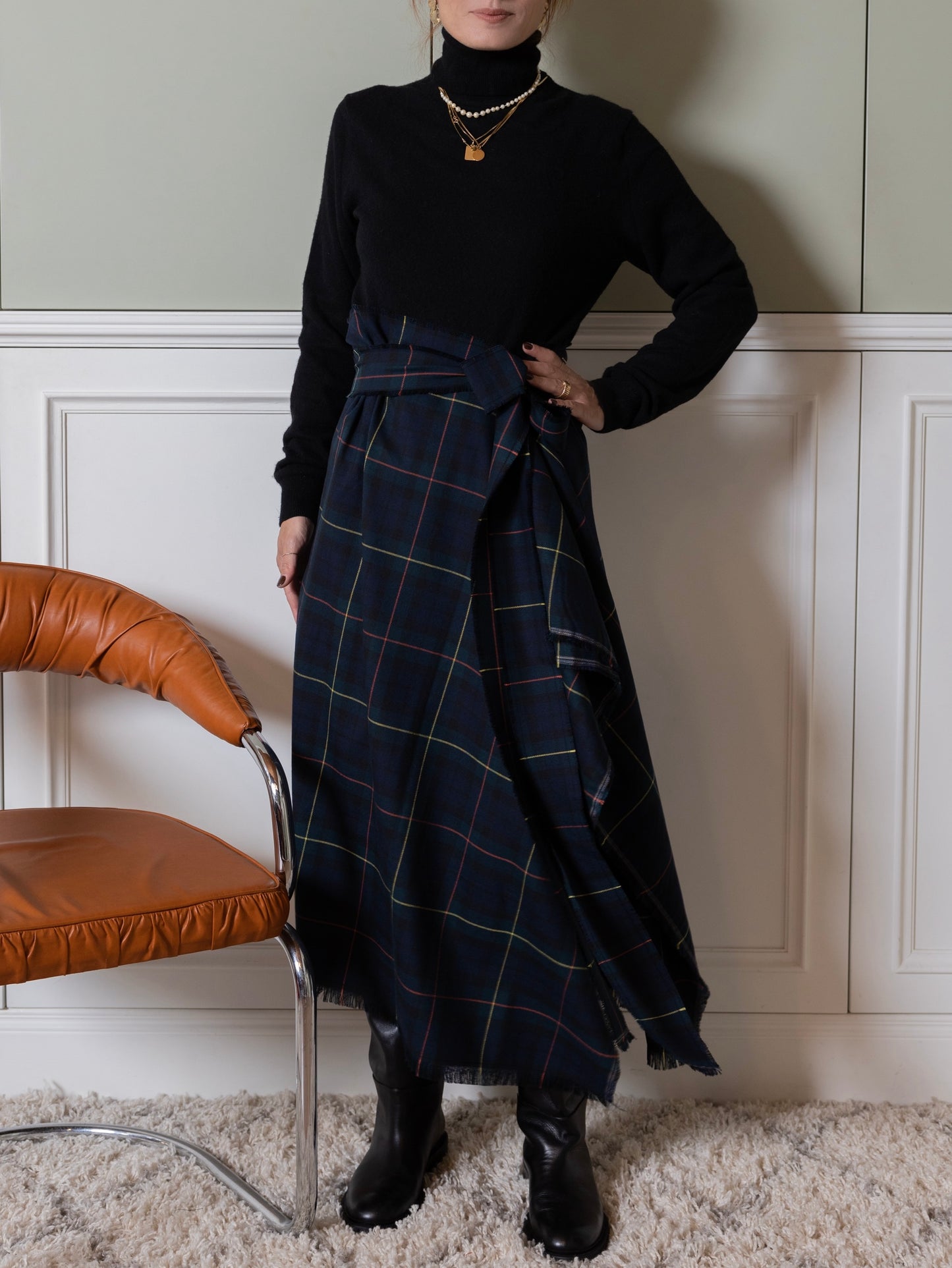 Maxi gonna tartan blu con frange