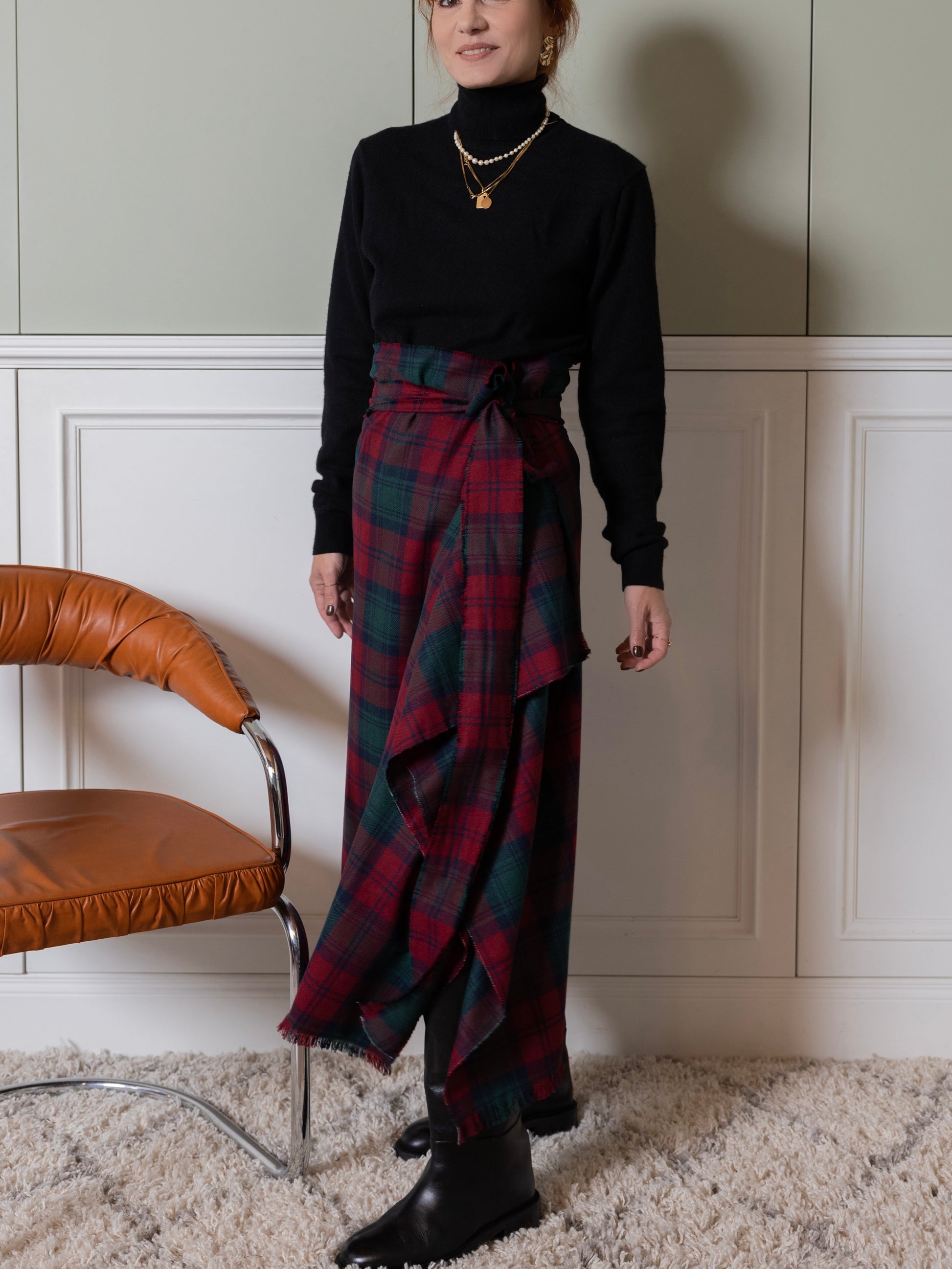 gonna longuette tartan bordeaux con frange