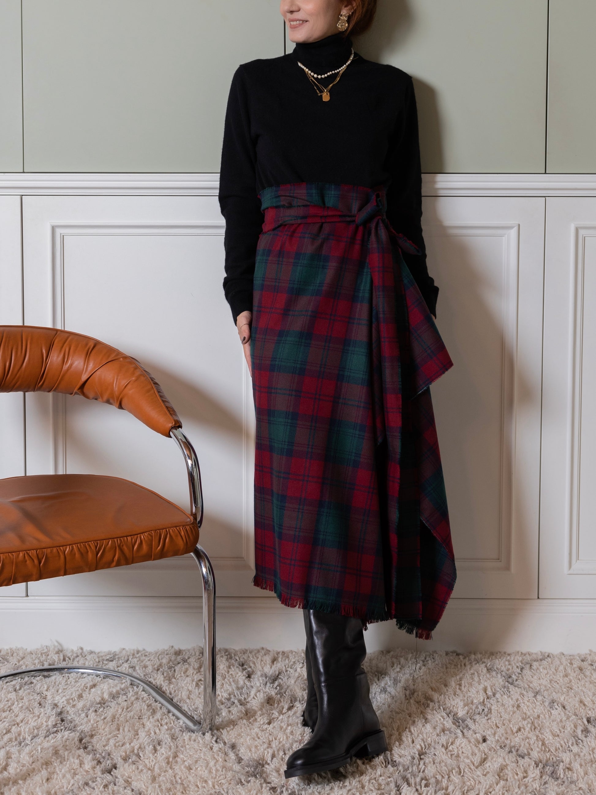 gonna longuette tartan bordeaux con frange