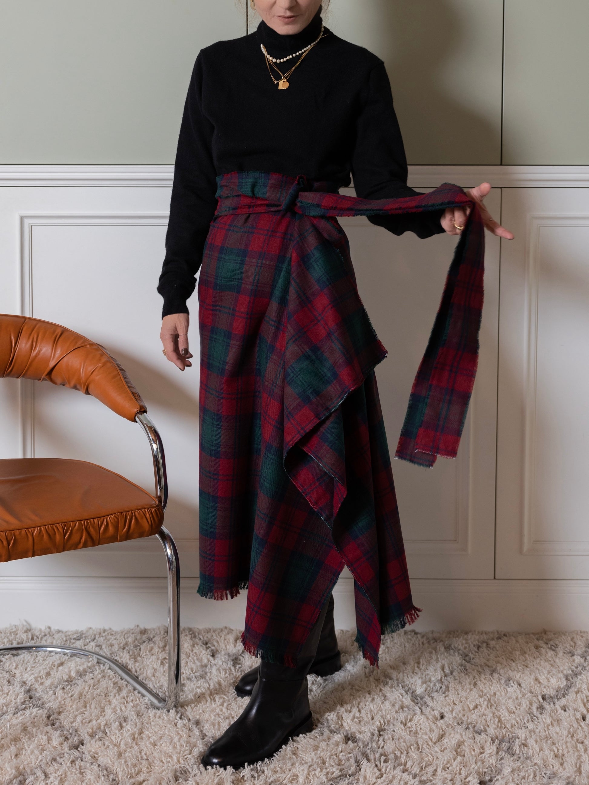 gonna longuette tartan bordeaux con frange