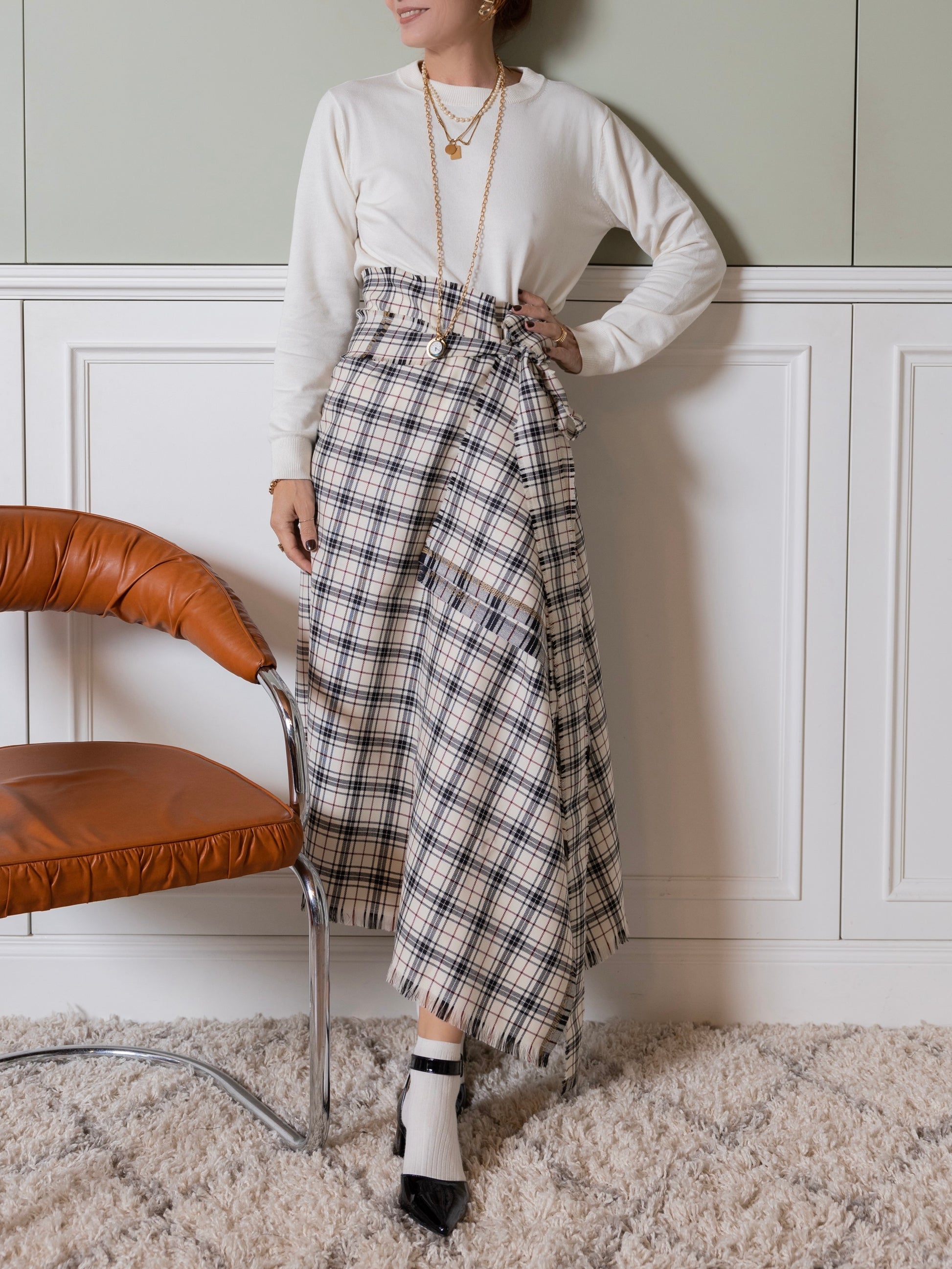 maxi gonna tartan chiara con frange